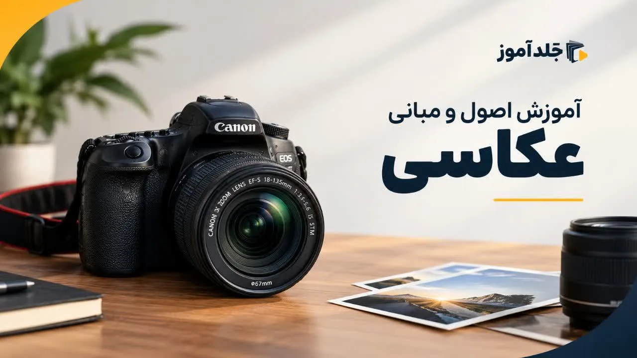 کاور دوره آموزش عکاسی از صفر با تصویر دوربین، لنز و آیکون‌های دیافراگم و مثلث نوردهی